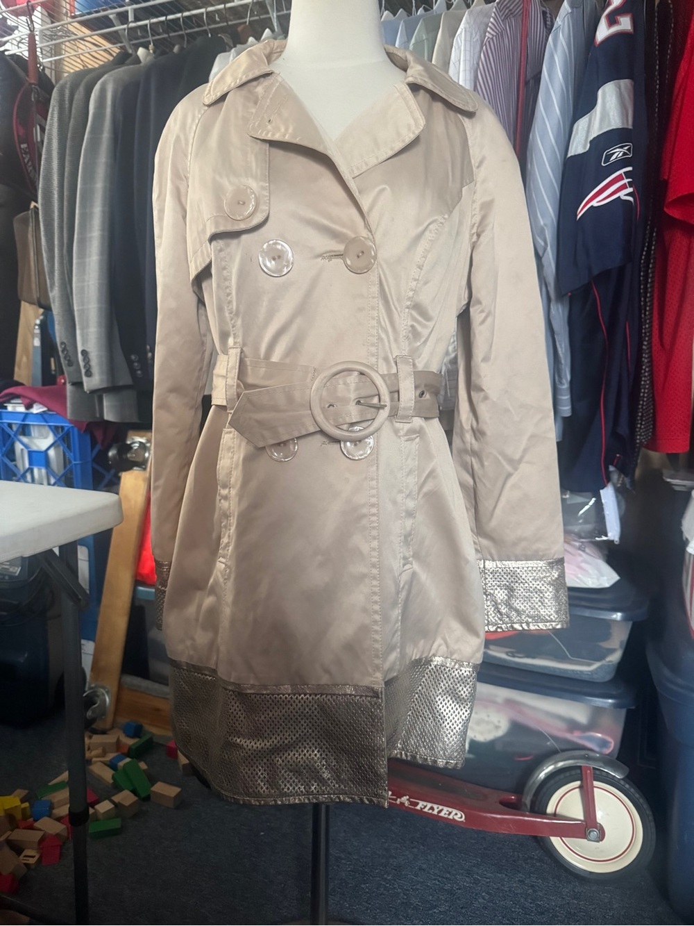 Arden B Beige Trench Coat with Metallic Trim